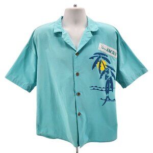 Vintage Original Panama Jack Puffy Print Palm Tree Blue Hawaiian Shirt Large